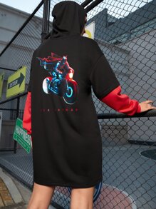 THE BATMAN | SHEIN Cartoon & Bat Print Drop Shoulder Drawstring Hoodie Dress - Black - View 1