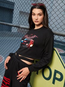 THE BATMAN | SHEIN Drop Shoulder Letter & Car Print Pullover - Black - View 5