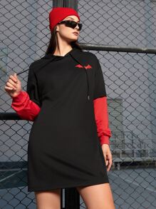 THE BATMAN | SHEIN Cartoon & Bat Print Drop Shoulder Drawstring Hoodie Dress - Black - View 3