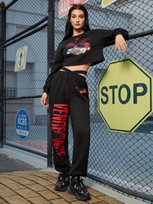 THE BATMAN | SHEIN Drop Shoulder Letter & Car Print Pullover - Black - View 6