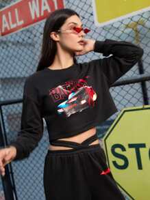 THE BATMAN | SHEIN Drop Shoulder Letter & Car Print Pullover - Black - View 7