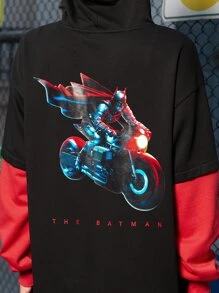 THE BATMAN | SHEIN Cartoon & Bat Print Drop Shoulder Drawstring Hoodie Dress - Black - View 4