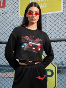 THE BATMAN | SHEIN Drop Shoulder Letter & Car Print Pullover - Black - View 3