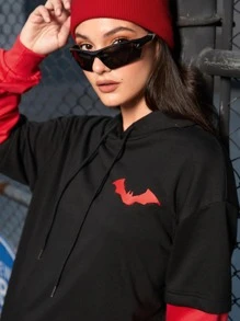 THE BATMAN | SHEIN Cartoon & Bat Print Drop Shoulder Drawstring Hoodie Dress - Black - View 7