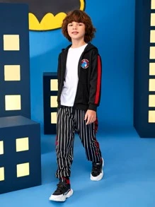 BATMAN X SHEIN 男孩字母和卡通圖案連帽衫和條紋圖案長褲