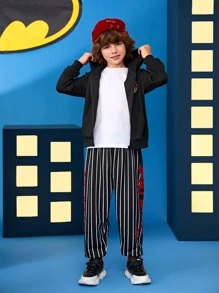 BATMAN X SHEIN 男孩字母和卡通圖案連帽衫和條紋圖案長褲