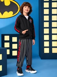 BATMAN X SHEIN 男孩字母和卡通圖案連帽衫和條紋圖案長褲