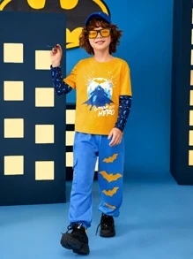 BATMAN X SHEIN Tween Boy 1pc Slogan & Cartoon Graphic 2 In 1 Tee - Yellow - View 1