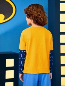 BATMAN X SHEIN Tween Boy 1pc Slogan & Cartoon Graphic 2 In 1 Tee - Yellow - View 2