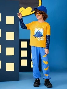 BATMAN X SHEIN Tween Boy 1pc Slogan & Cartoon Graphic 2 In 1 Tee - Yellow - View 5