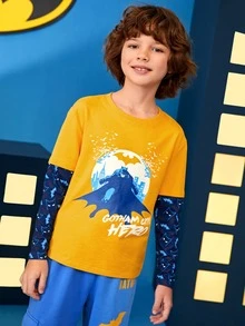 BATMAN X SHEIN Tween Boy 1pc Slogan & Cartoon Graphic 2 In 1 Tee - Yellow - View 7