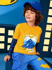 BATMAN X SHEIN Tween Boy 1pc Slogan & Cartoon Graphic 2 In 1 Tee - Yellow - View 8