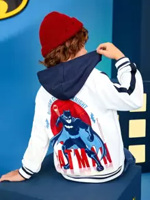 BATMAN X SHEIN 男孩標語和卡通圖案袋鼠口袋連帽衫