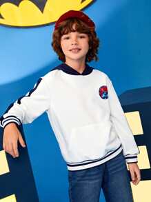 BATMAN X SHEIN 男孩標語和卡通圖案袋鼠口袋連帽衫