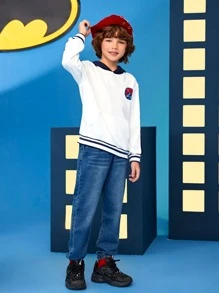 BATMAN X SHEIN 男孩標語和卡通圖案袋鼠口袋連帽衫