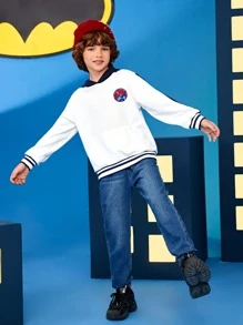 BATMAN X SHEIN 男孩標語和卡通圖案袋鼠口袋連帽衫