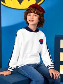 BATMAN X SHEIN 男孩標語和卡通圖案袋鼠口袋連帽衫