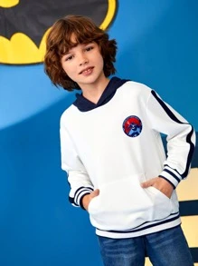 BATMAN X SHEIN 男孩標語和卡通圖案袋鼠口袋連帽衫