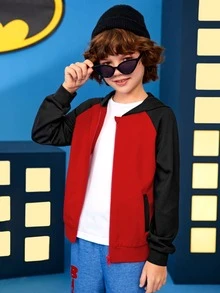 BATMAN X SHEIN 男孩卡通圖案插肩袖連帽衫