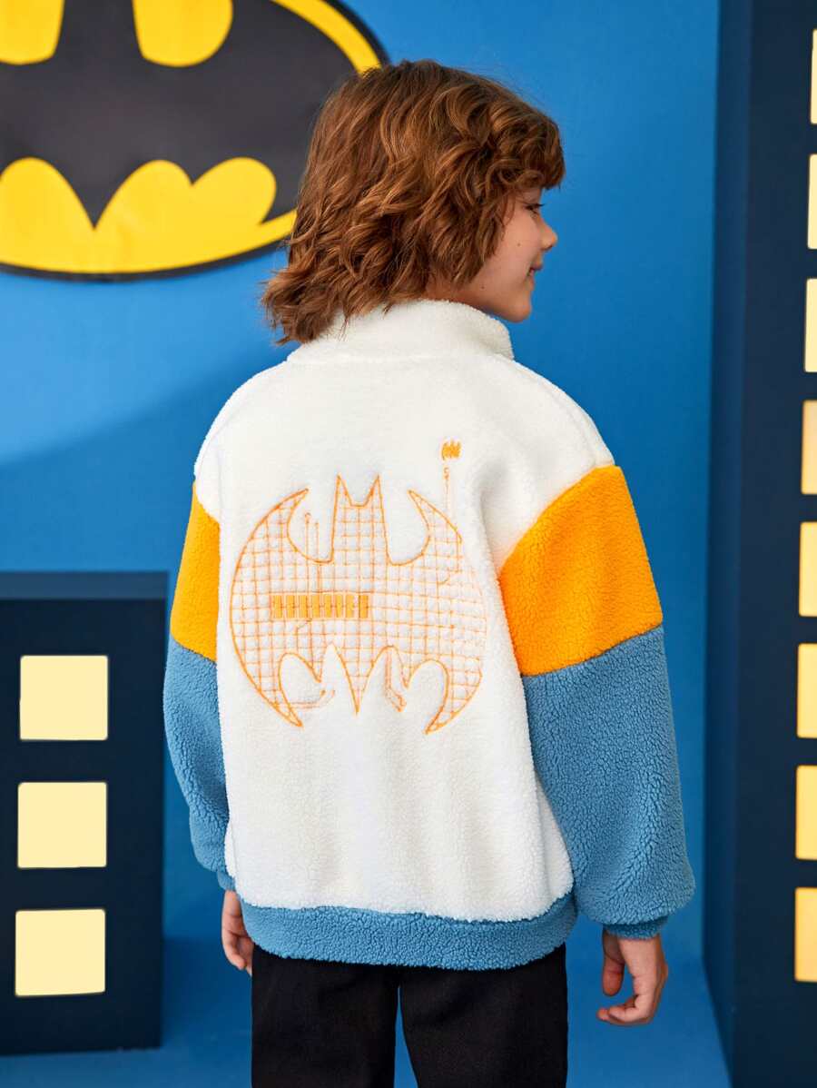 BATMAN X SHEIN Tween Boy Letter Embroidery Drop Shoulder Teddy Jacket - Multicolor - View 1