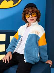 BATMAN X SHEIN Tween Boy Letter Embroidery Drop Shoulder Teddy Jacket - Multicolor - View 2