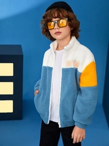 BATMAN X SHEIN Tween Boy Letter Embroidery Drop Shoulder Teddy Jacket - Multicolor - View 3