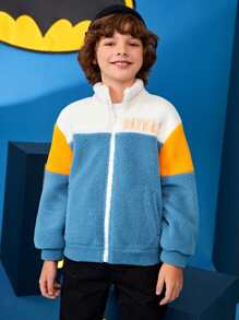 BATMAN X SHEIN Tween Boy Letter Embroidery Drop Shoulder Teddy Jacket - Multicolor - View 4