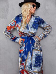 Chain & Scarf Print Belted Dress - Multicolor - View 4