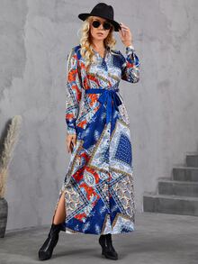 Chain & Scarf Print Belted Dress - Multicolor - View 5
