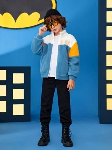 BATMAN X SHEIN Tween Boy Letter Embroidery Drop Shoulder Teddy Jacket - Multicolor - View 5