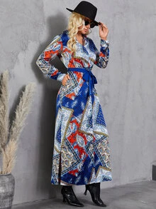 Chain & Scarf Print Belted Dress - Multicolor - View 6