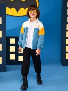 BATMAN X SHEIN Tween Boy Letter Embroidery Drop Shoulder Teddy Jacket - Multicolor - View 6