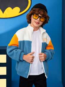 BATMAN X SHEIN Tween Boy Letter Embroidery Drop Shoulder Teddy Jacket - Multicolor - View 7