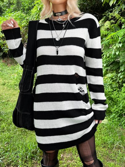 Grunge Stripe Pattern Ripped Drop Shoulder Sweater Dress
