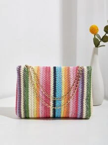 Colour Block Faux Pearl Decor Flap Chain Straw Bag - Multicolor - View 2