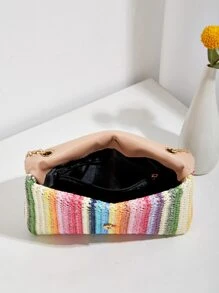 Colour Block Faux Pearl Decor Flap Chain Straw Bag - Multicolor - View 3