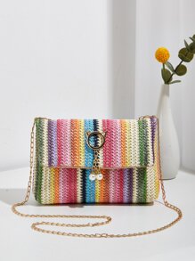 Colour Block Faux Pearl Decor Flap Chain Straw Bag - Multicolor - View 4