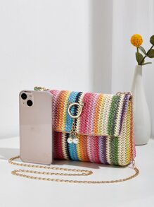 Colour Block Faux Pearl Decor Flap Chain Straw Bag - Multicolor - View 5