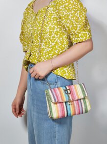 Colour Block Faux Pearl Decor Flap Chain Straw Bag - Multicolor - View 7