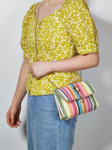 Colour Block Faux Pearl Decor Flap Chain Straw Bag - Multicolor - View 8