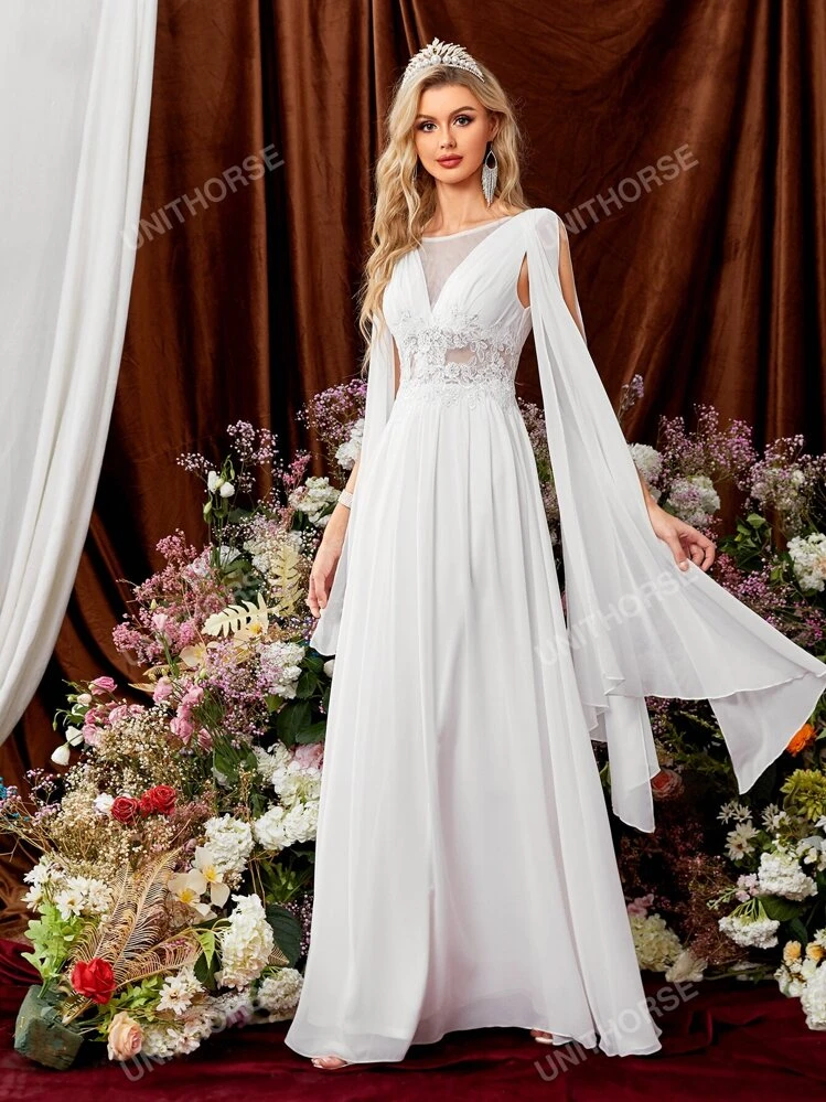 Robe De Mariage A Paillettes Applique Manches Cape En Mousseline De Soie SHEIN