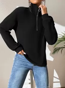 Chiquease Drop Shoulder Half Zip Tee Fall Cloth For Women - Black - View 3