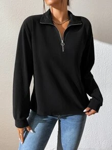 Chiquease Drop Shoulder Half Zip Tee Fall Cloth For Women - Black - View 6