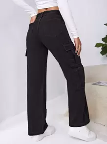 SHEIN EZwear High Waist Western Flap Pocket Ripped Jeans - Black - View 2
