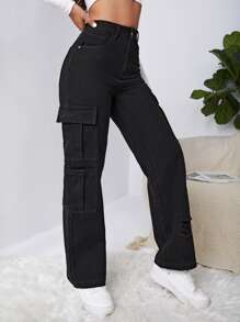 SHEIN EZwear High Waist Western Flap Pocket Ripped Jeans - Black - View 3