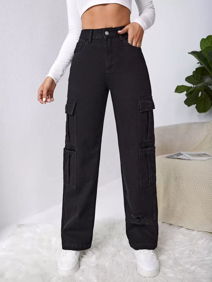SHEIN EZwear High Waist Western Flap Pocket Ripped Jeans - Black - View 1