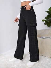 SHEIN EZwear High Waist Western Flap Pocket Ripped Jeans - Black - View 5