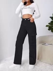 SHEIN EZwear High Waist Western Flap Pocket Ripped Jeans - Black - View 6