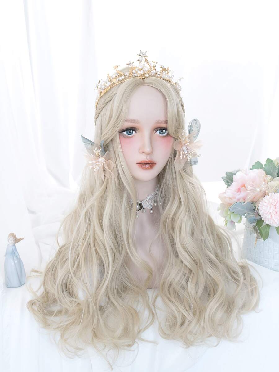 Tóc giả tổng hợp dài xoăn tự nhiên với phần tóc mái - Vàng - Xem 1