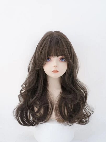 alicegarden 1 合成耐热长卷发棕色假发，带刘海，22 英寸长，由纤维制成，适合日常使用，自然逼真的假发。圣诞派对假期，Y2k 时尚由纤维制成的优雅假发，适合使用，自然逼真的假发